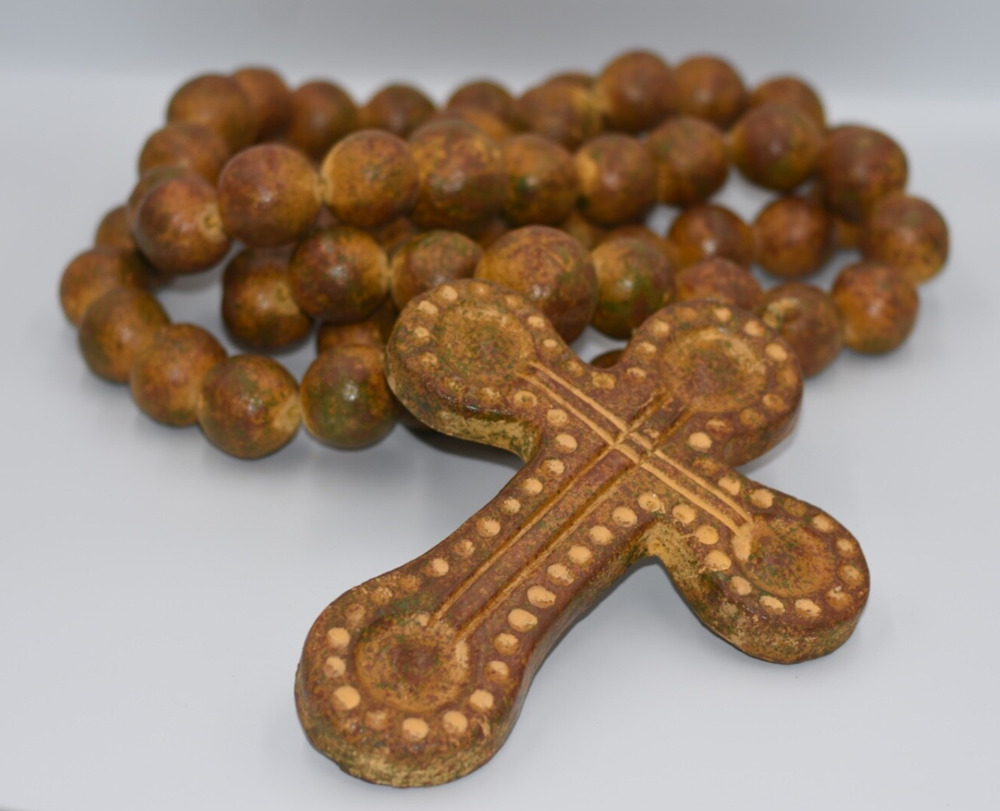 XL 61” Hand Crafted Mexican Pottery Rosary Beads & Cross Crucifix Religious NWT